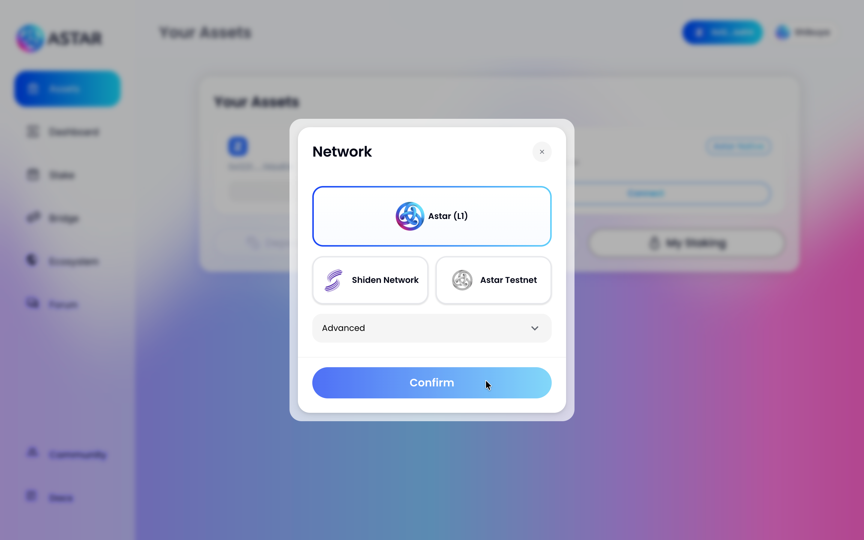 Select the Astar (L1) network