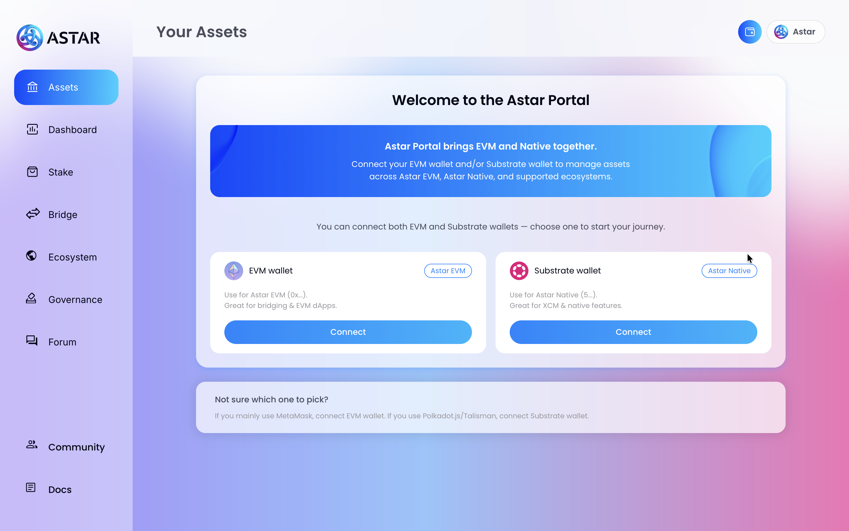 Welcome to the Astar Portal, connect your Substrate wallet