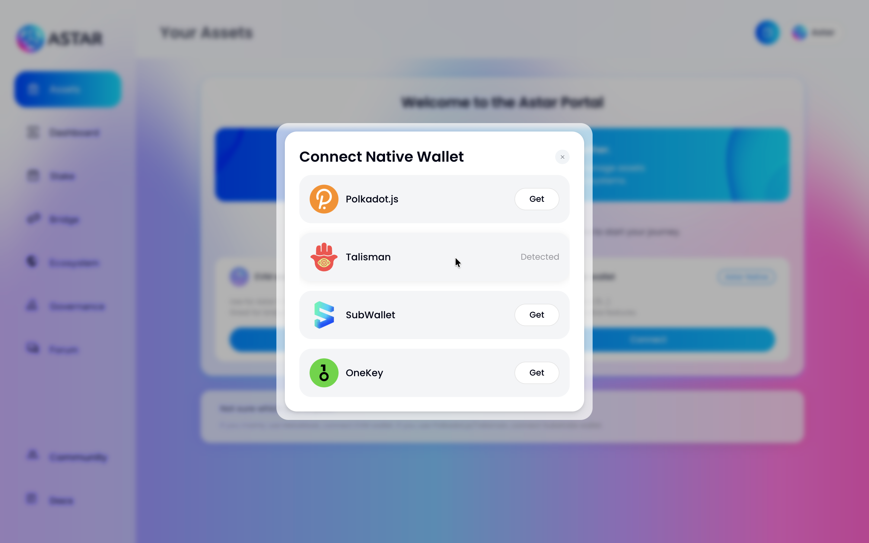 Connect Native Wallet modal, Talisman detected