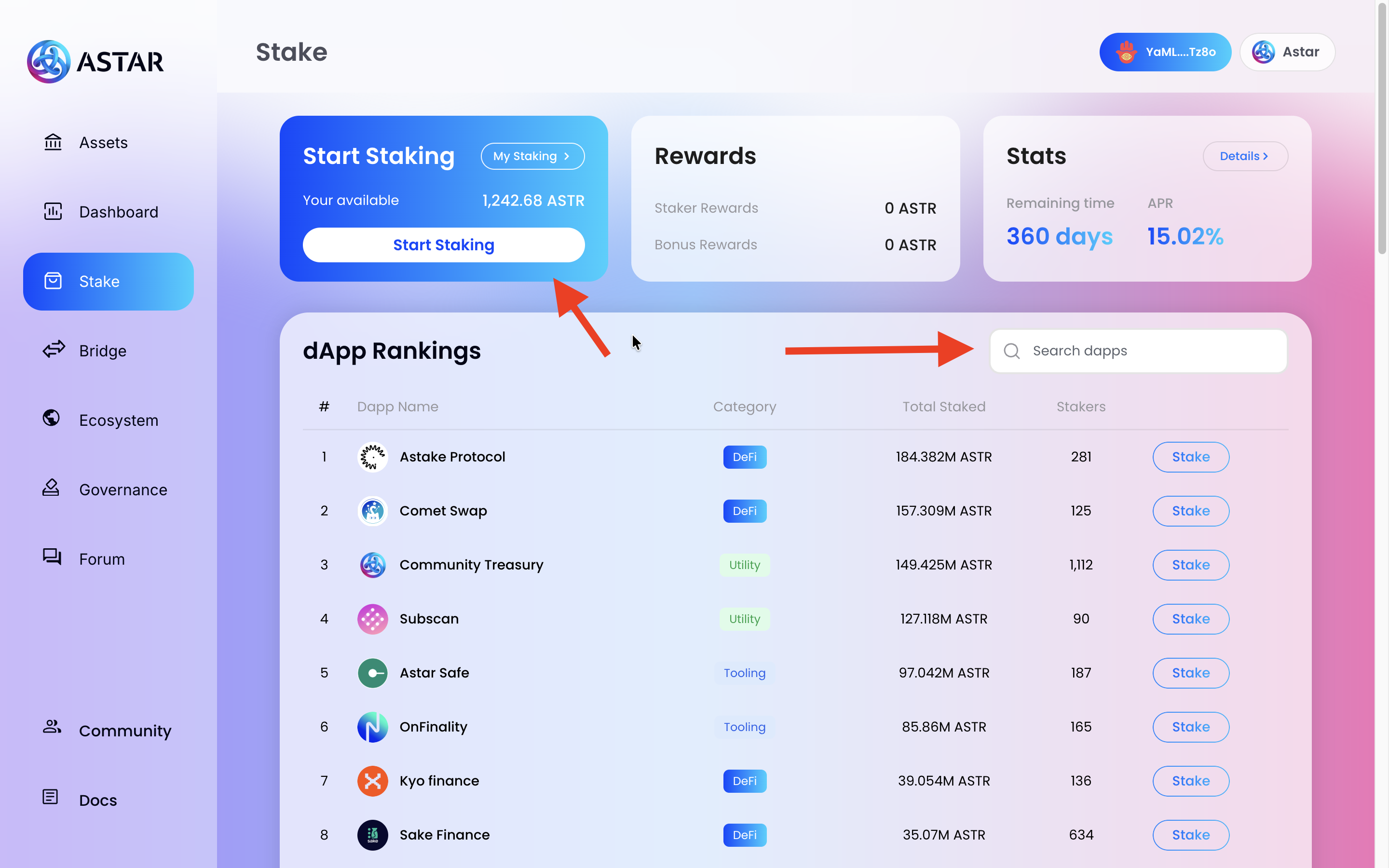 Stake page, overview with dApp Rankings