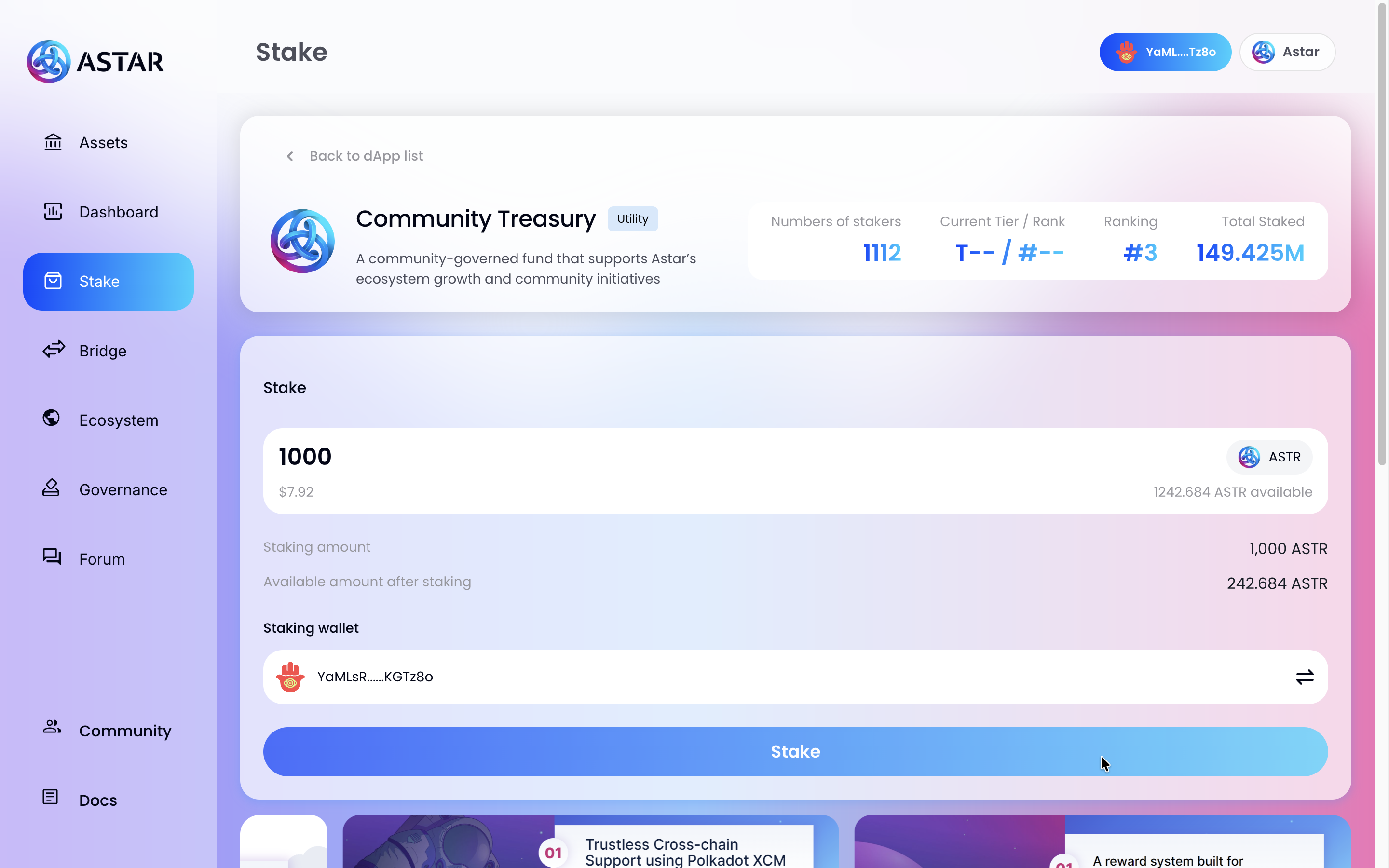 Enter staking amount for your chosen dApp