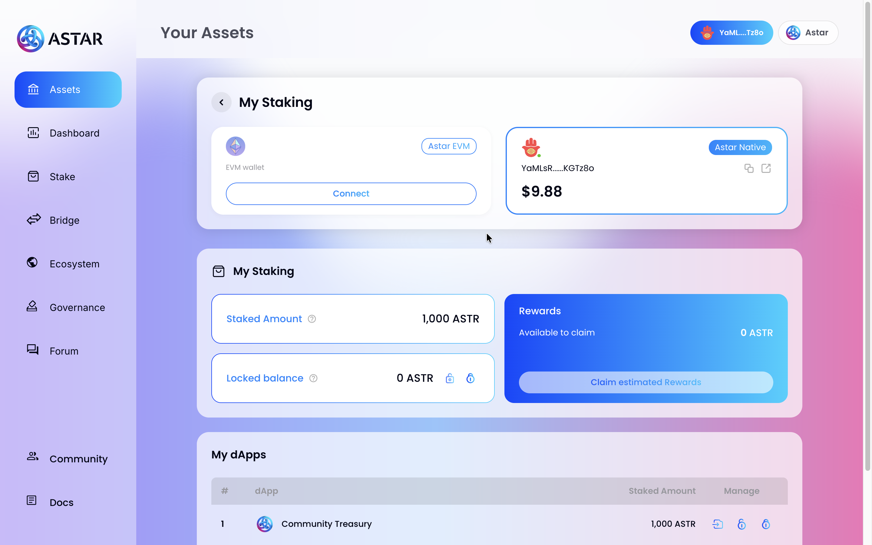My Staking dashboard showing your active stake